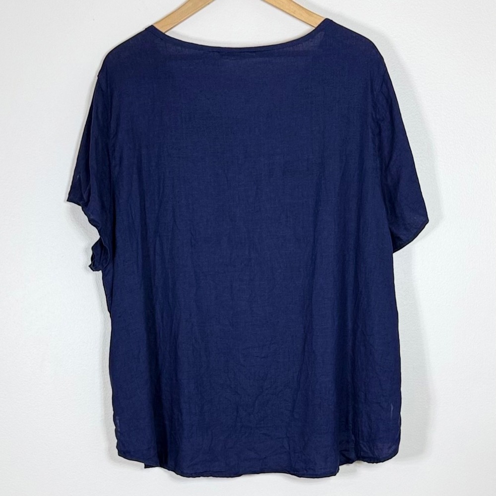 Isaac Mizrahi Womens Top 2X Navy Blue 100% Linen Short Sleeve Coastal Minimalist - Picture 2 of 7